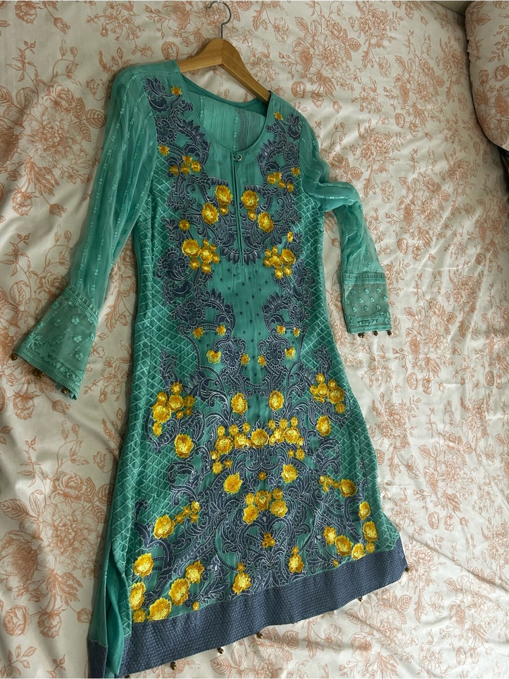 Embroidered Teal Floral A-Line Women's Pakistani dress 3 piece